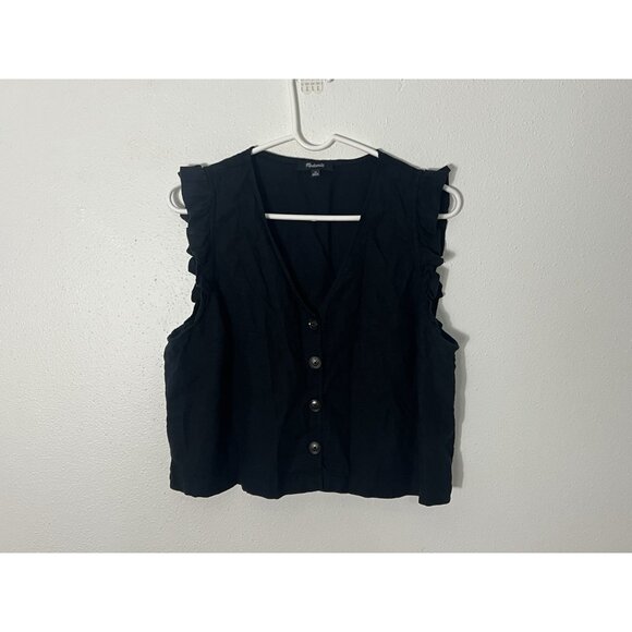 Madewell Linen Blend Black Button Down Sleeveless Blouse With Ruffles Size 16 - Picture 1 of 10